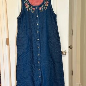 VINTAGE White Stag Blue Denim Dress with Floral Embroidery 100% Cotton